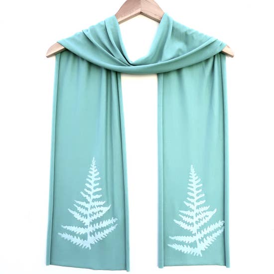 Women's Hand-Printed Skinny Jersey Scarf, White Fern Aqua
