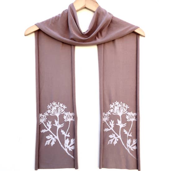Ladies Hand-Printed Skinny Jersey Scarf, Parsley Taupe White