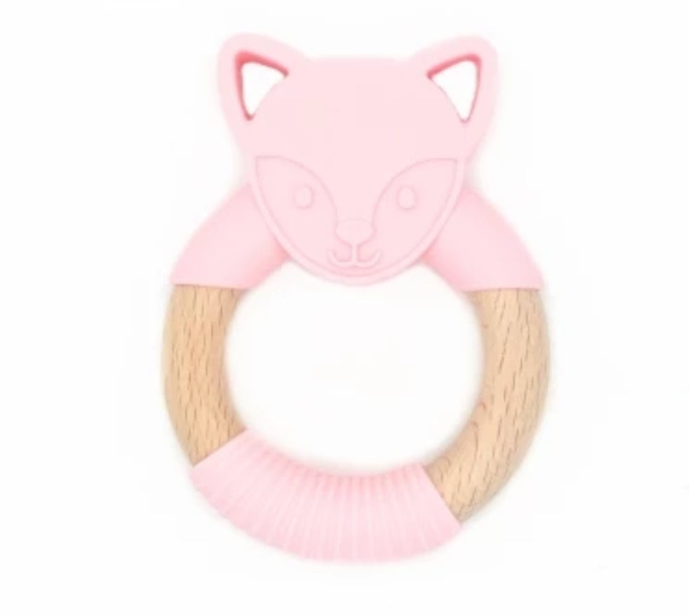 Chew/Teething Accessory - Silicone & Raw Wood Chew & Teething Ring, Pink Woodland Fox