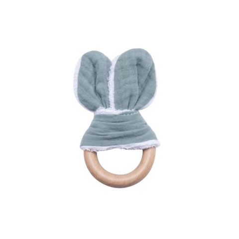 Chew/Teething Toy - Muslin & Natural Wood Ring Teether, Dusty Blue