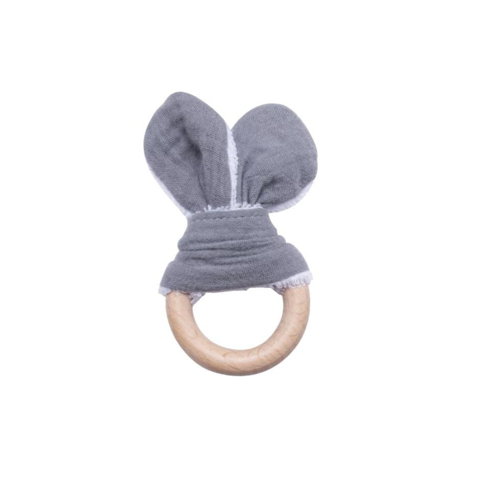 Chew/Teething Toy - Muslin & Natural Wood Ring Teether, Stormy Grey