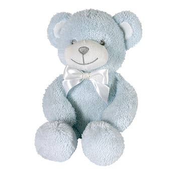 Baby blue classic plushie bear with white ribbon/bow around neck