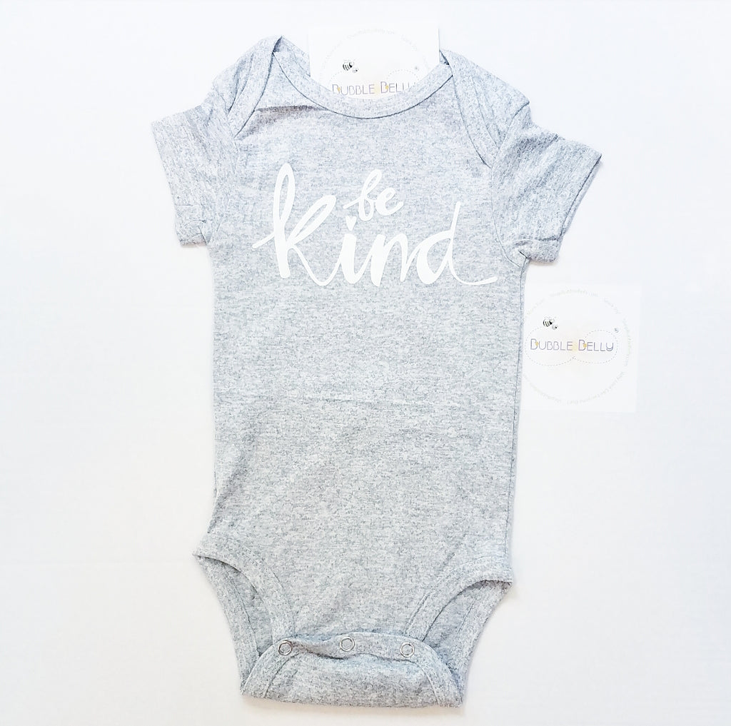 Be Kind baby snap bodysuit, grey, front view