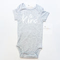 Be Kind baby snap bodysuit, grey, front view