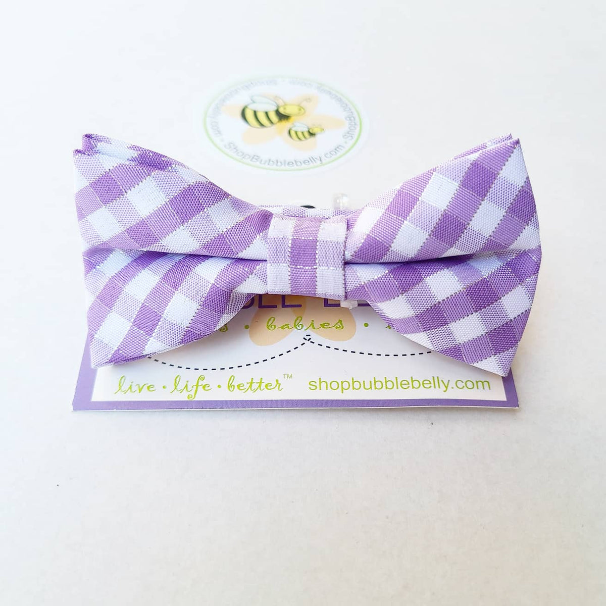 Boys adjustable bow tie, lavender and silver check, front view