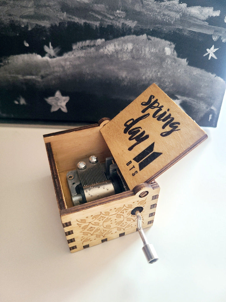 Spring Day wooden hand crank music box, angle view
