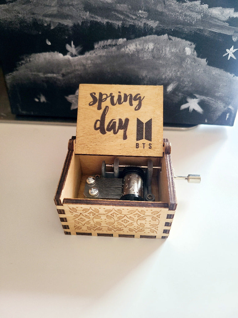 Spring Day wooden hand crank music box, open