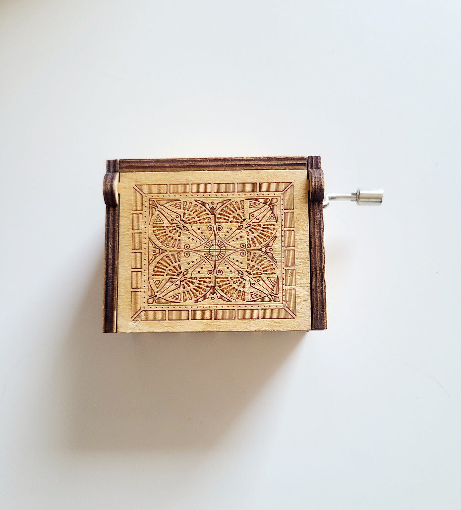 Spring Day wooden hand crank music box, side view