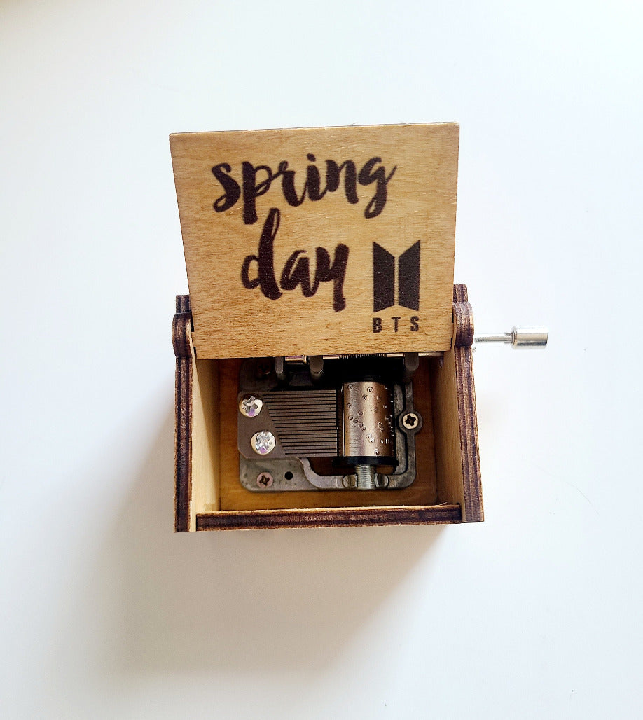Spring Day wooden hand crank music box, top view