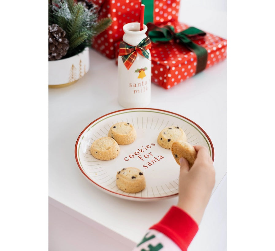 Child placing cookies on the Cookies for Santa ceramic plate for Christmas Eve
