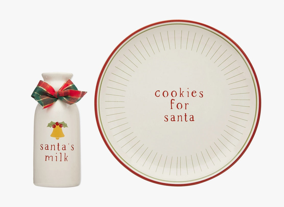 Cookies for Santa ceramic plate and Santa's Milk jug gift set with jingle bell and plaid bow