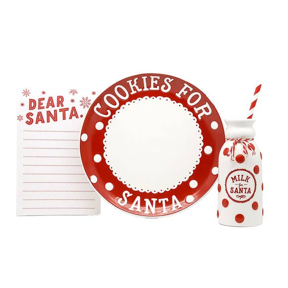 Cookies for Santa 3-piece gift set with ceramic plate, milk jug with straw and wish list notepad