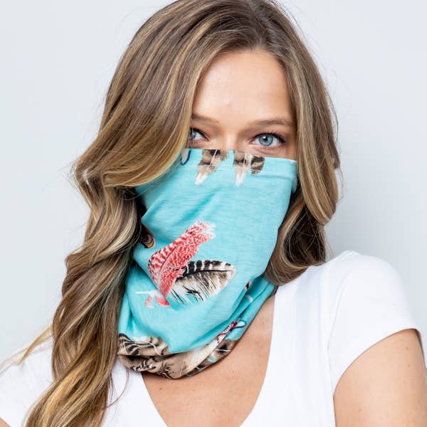 Convertible face covering, aqua blue feather print, worn as face covering