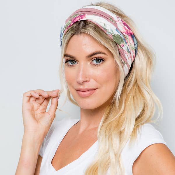 Convertible face covering, dusty rose pink floral, worn as headband