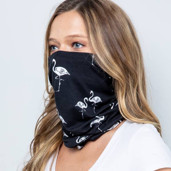 Convertible face covering, black flamingo print, worn as face covering