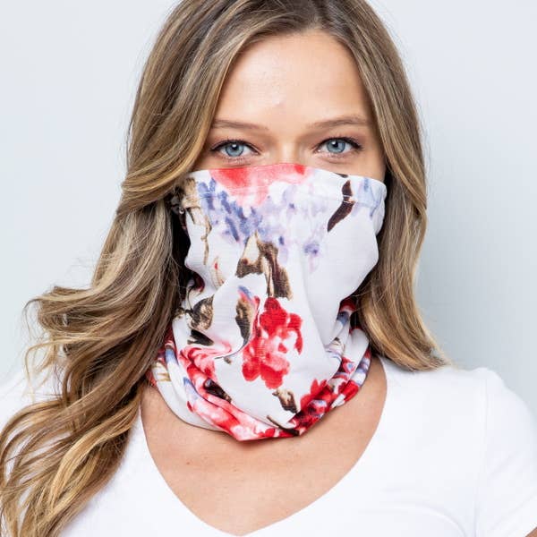 Convertible face covering, white floral print, worn as face covering