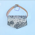 Faux snakeskin fanny pack belt bag, black and tan, front view