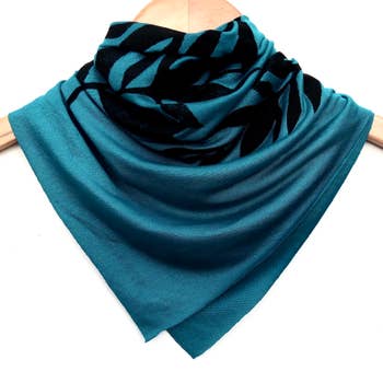 Women's hand-printed jersey bandana, black laurel teal, bandana