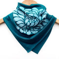 Women's hand-printed jersey bandana, white chrysanthemum teal, bandana