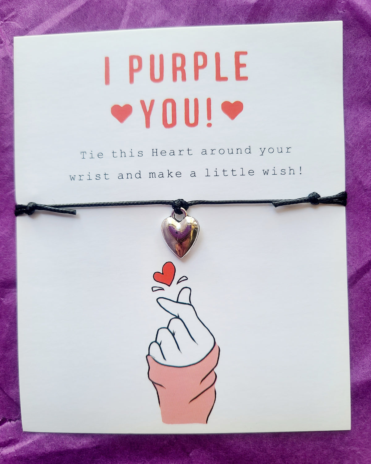 Handmade heart charm bracelet, I Purple You, on card