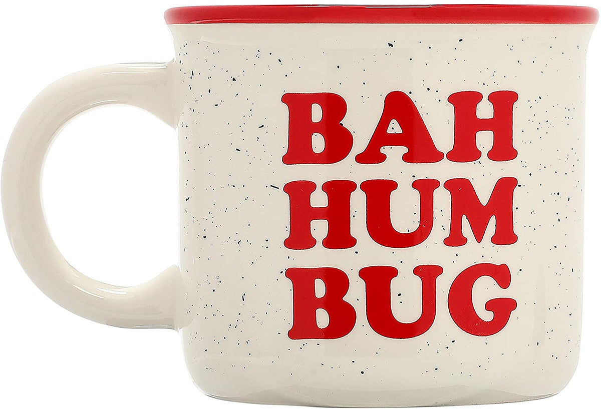 Bah Hum Mug White Speckled Mug with Red Lip and Lettering