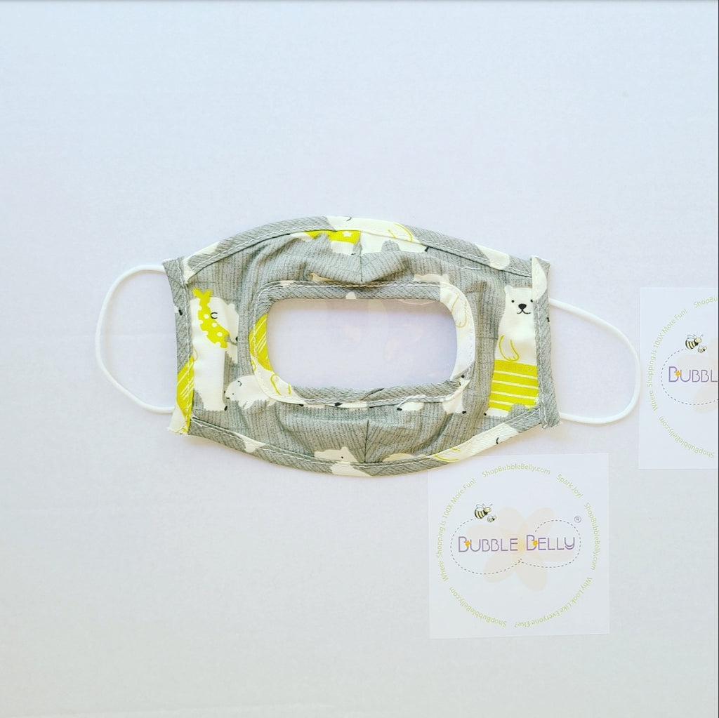 Kids clear panel face mask, grey polar bear, front view