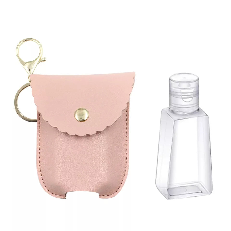 Leatherette hand sanitizer holder keychain, pink, with bottle