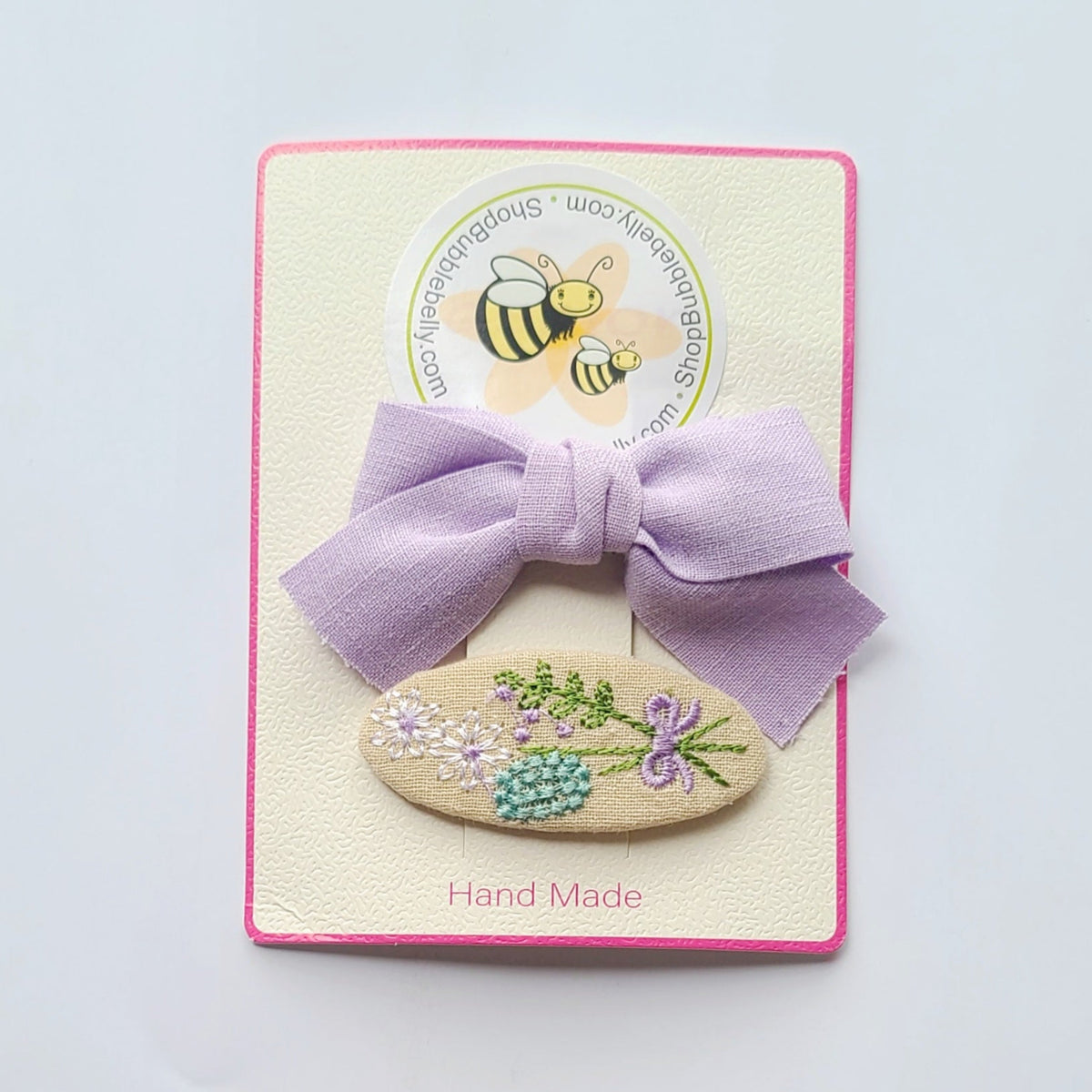 Handmade linen bow and floral snap clip set, lavender, clip set on card