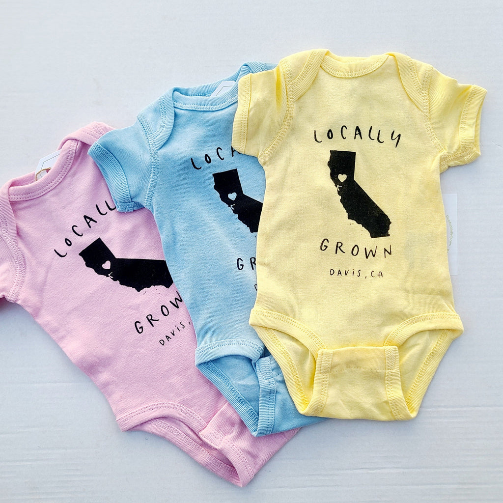 Locally Grown Davis CA baby bodysuit, three colors