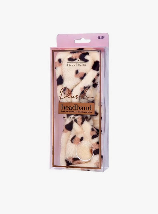 Plush bow spa headband, leopard, in package
