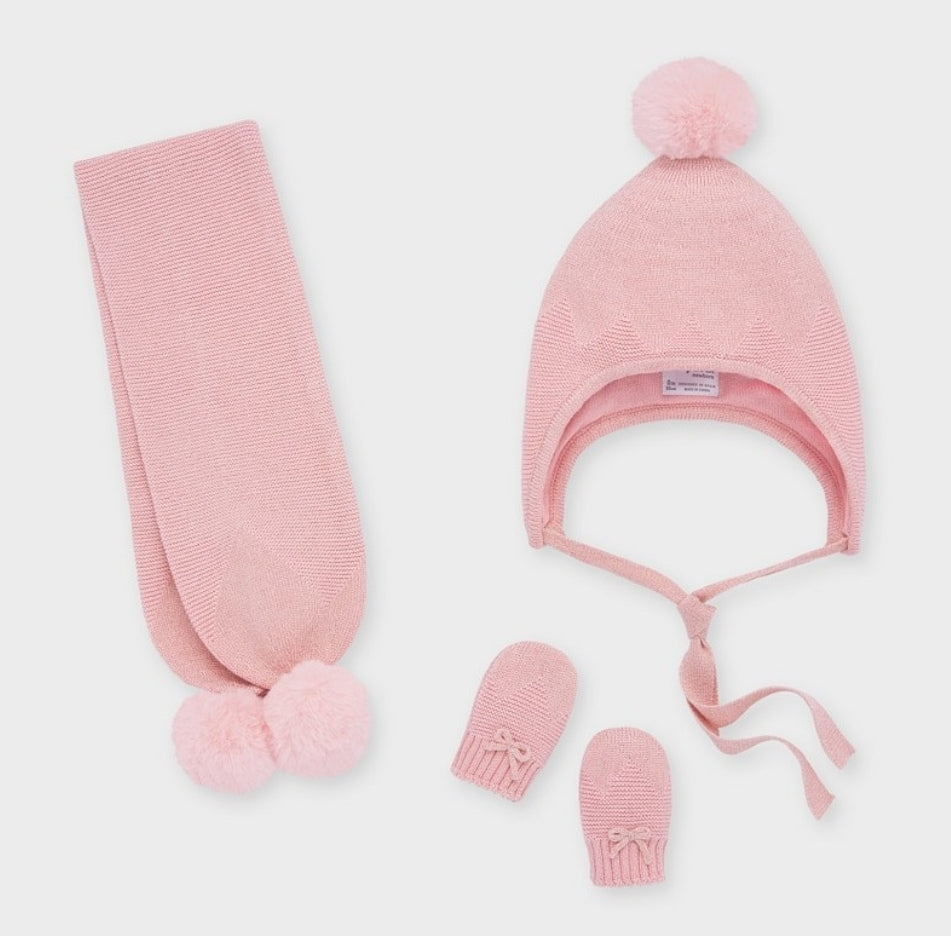 Mayoral lurex puff scarf, beanie, & mitten set, blush pink, front view