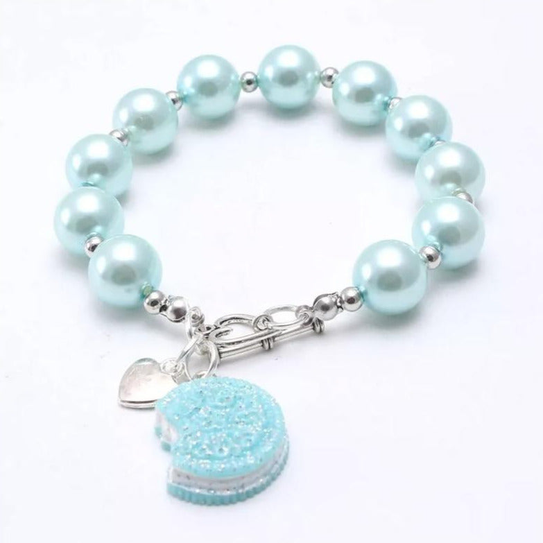 Pearlized Bead Charm Bracelet, Powder Blue Beaded Bracelet, Powder Blue Cookie and Silver Heart Charm, Silver Chain