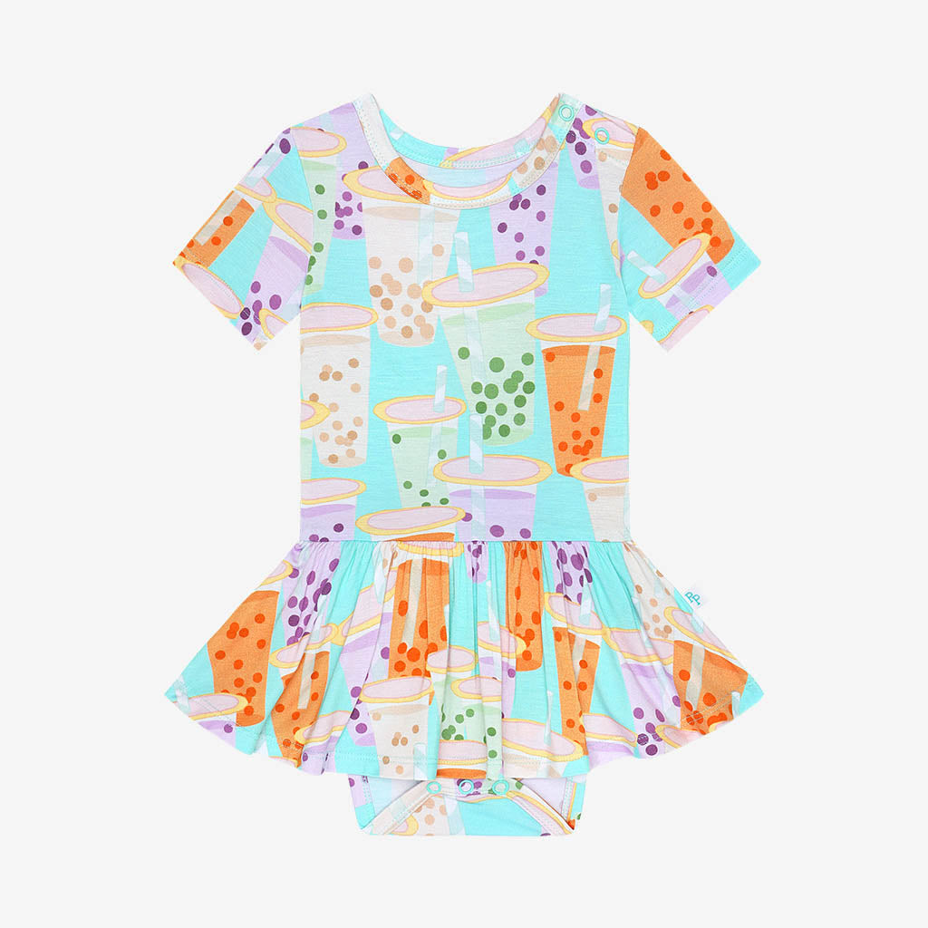 Posh Peanut twirl skirted bodysuit, Boba Time, front view