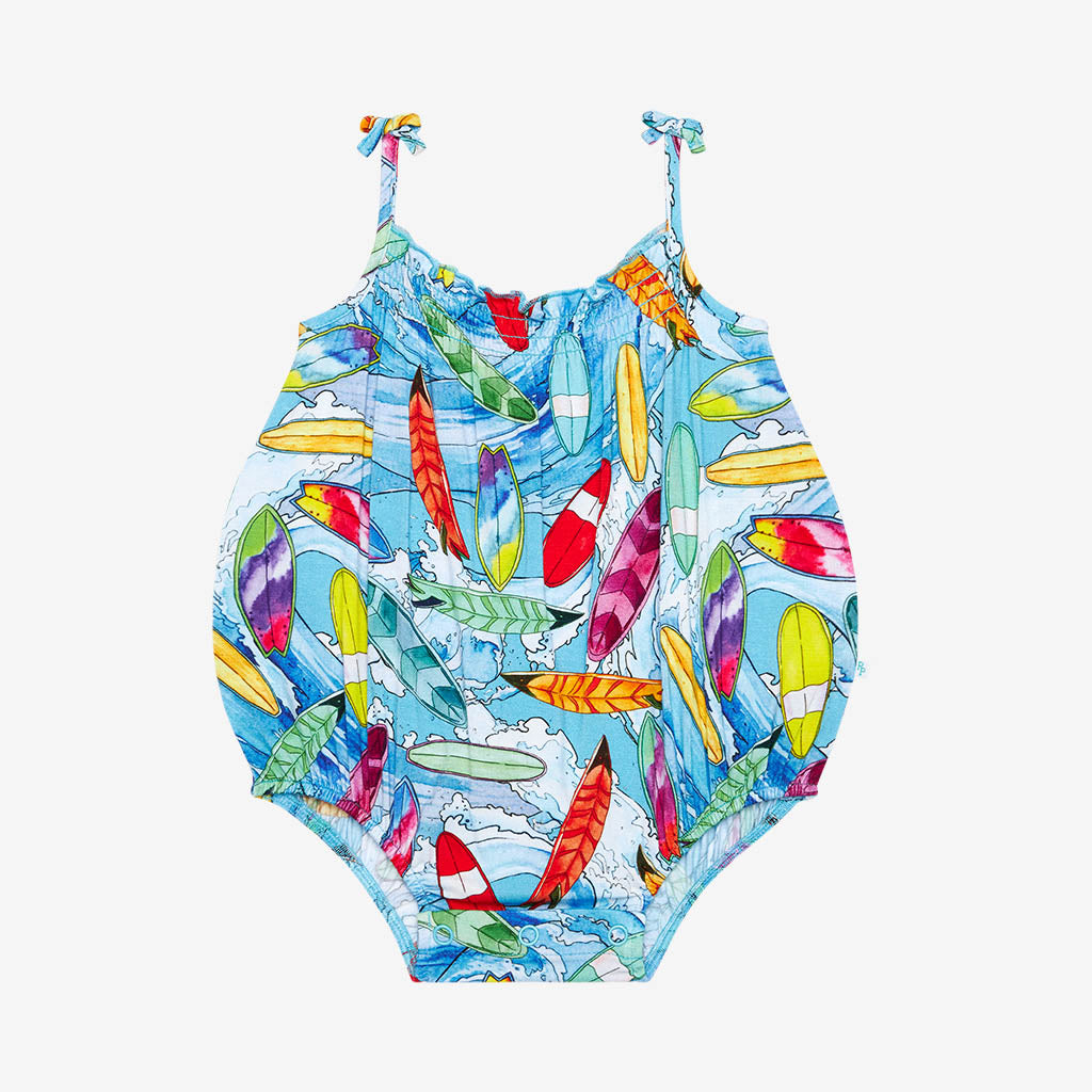 Posh Peanut bamboo bubble romper, waves surfboards, front view