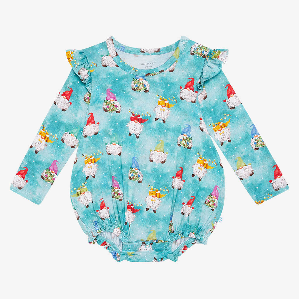 Posh Peanut ruffled bubble romper, Gnomey, front view