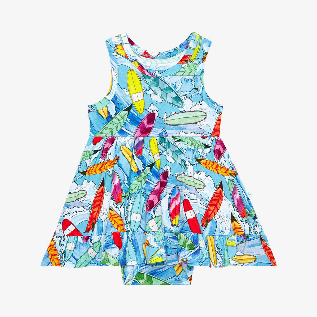 Posh Peanut racerback twirl bodysuit, waves surfboards, front view