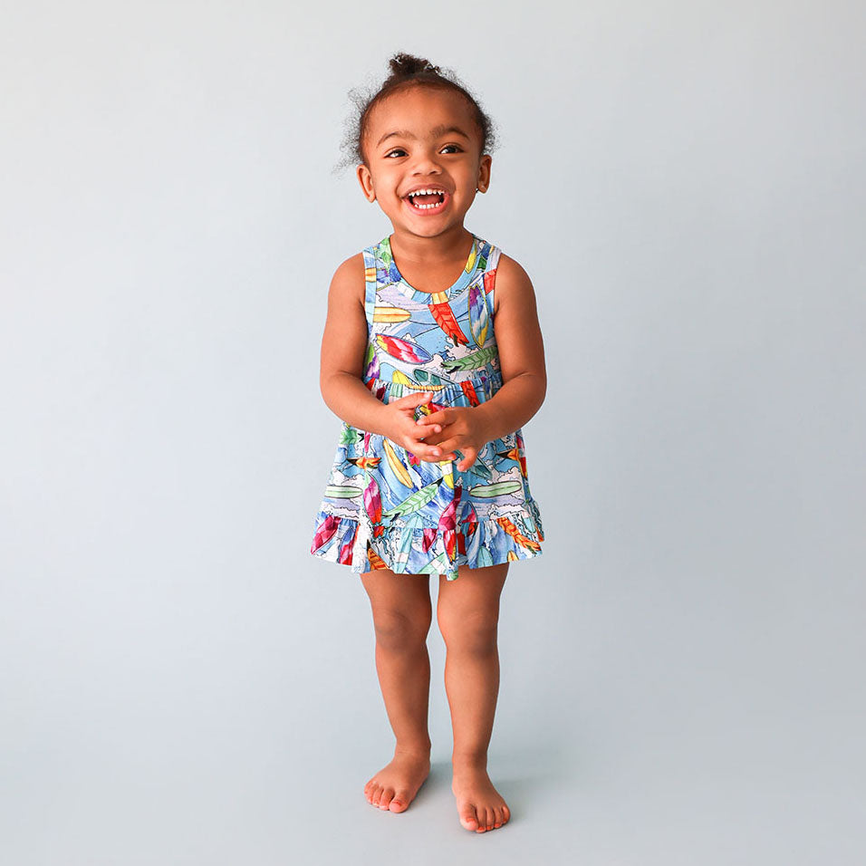 Posh Peanut racerback twirl bodysuit, waves surfboards, worn by toddler