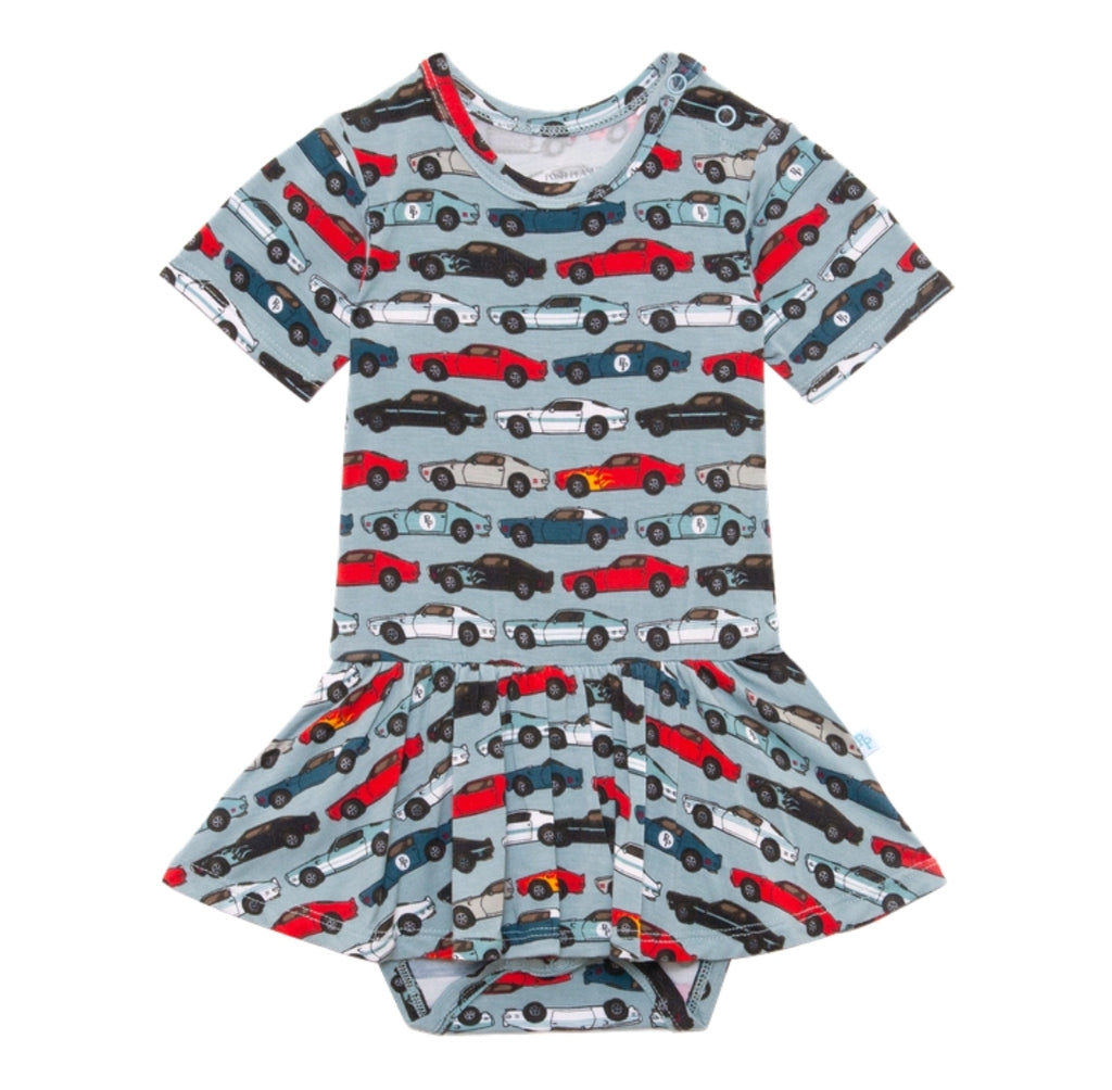 Posh Peanut twirl skirted bodysuit, Miles racecars, front view