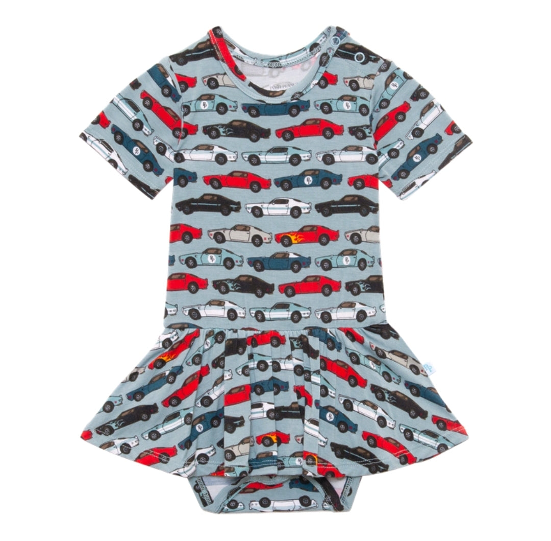 Posh Peanut twirl skirted bodysuit, Miles racecars, front view