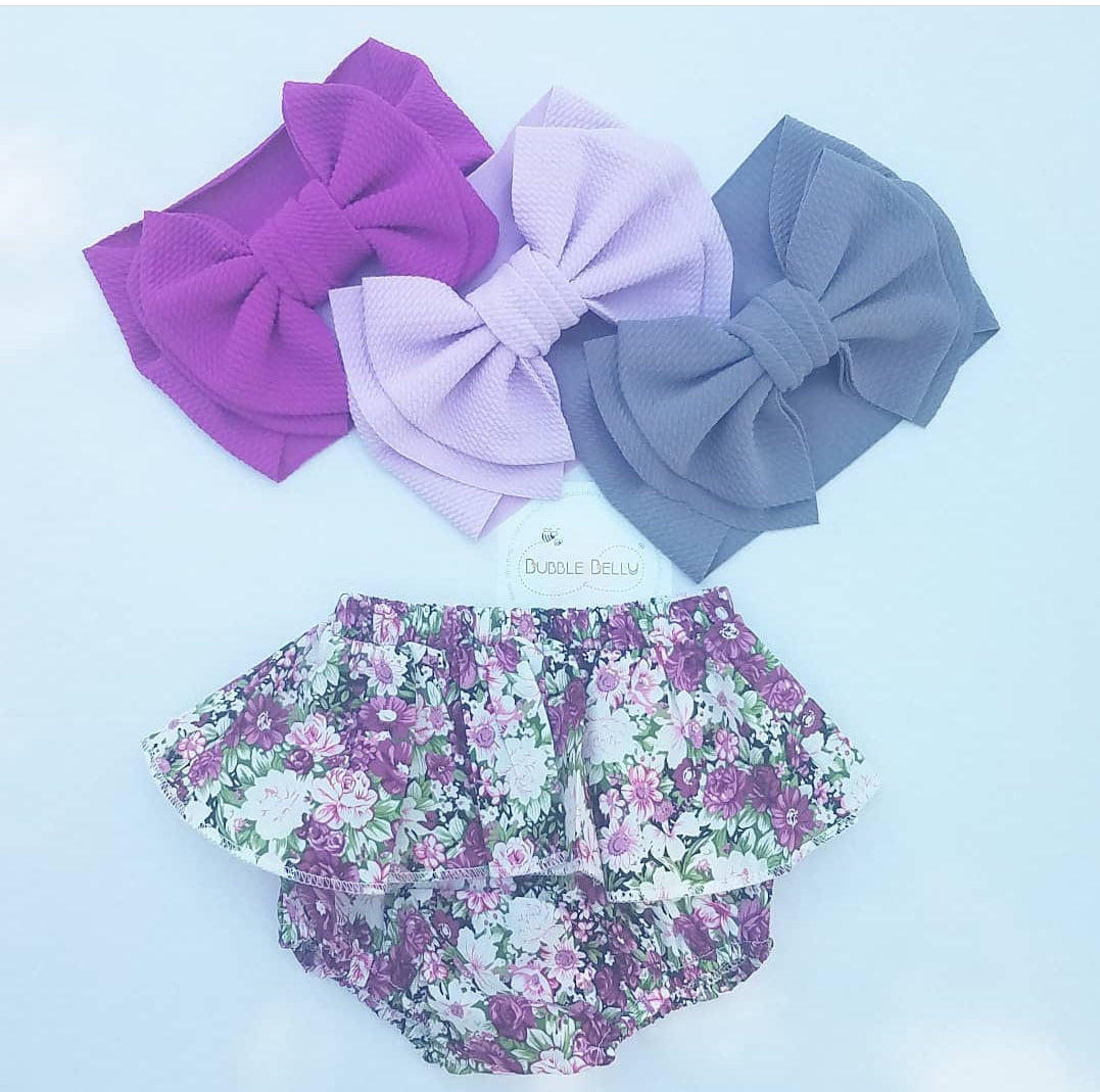 Ruffled bloomer diaper cover, lavender wildflower, with bow headbands
