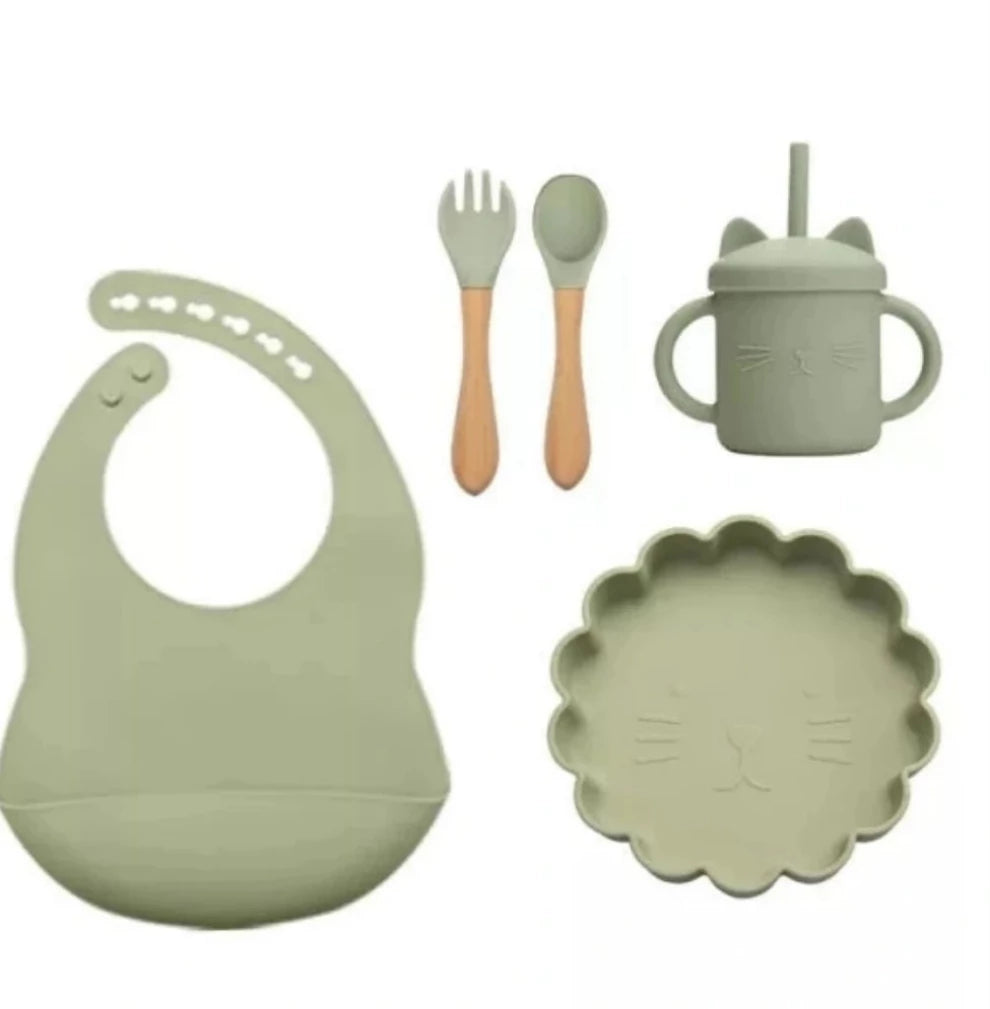 Silicone baby feeding set, sage green, full set