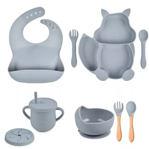 Silicone fox baby feeding set, grey, full set