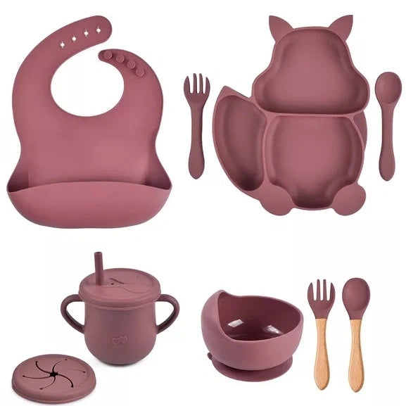 Silicone fox baby feeding set, maroon, full set