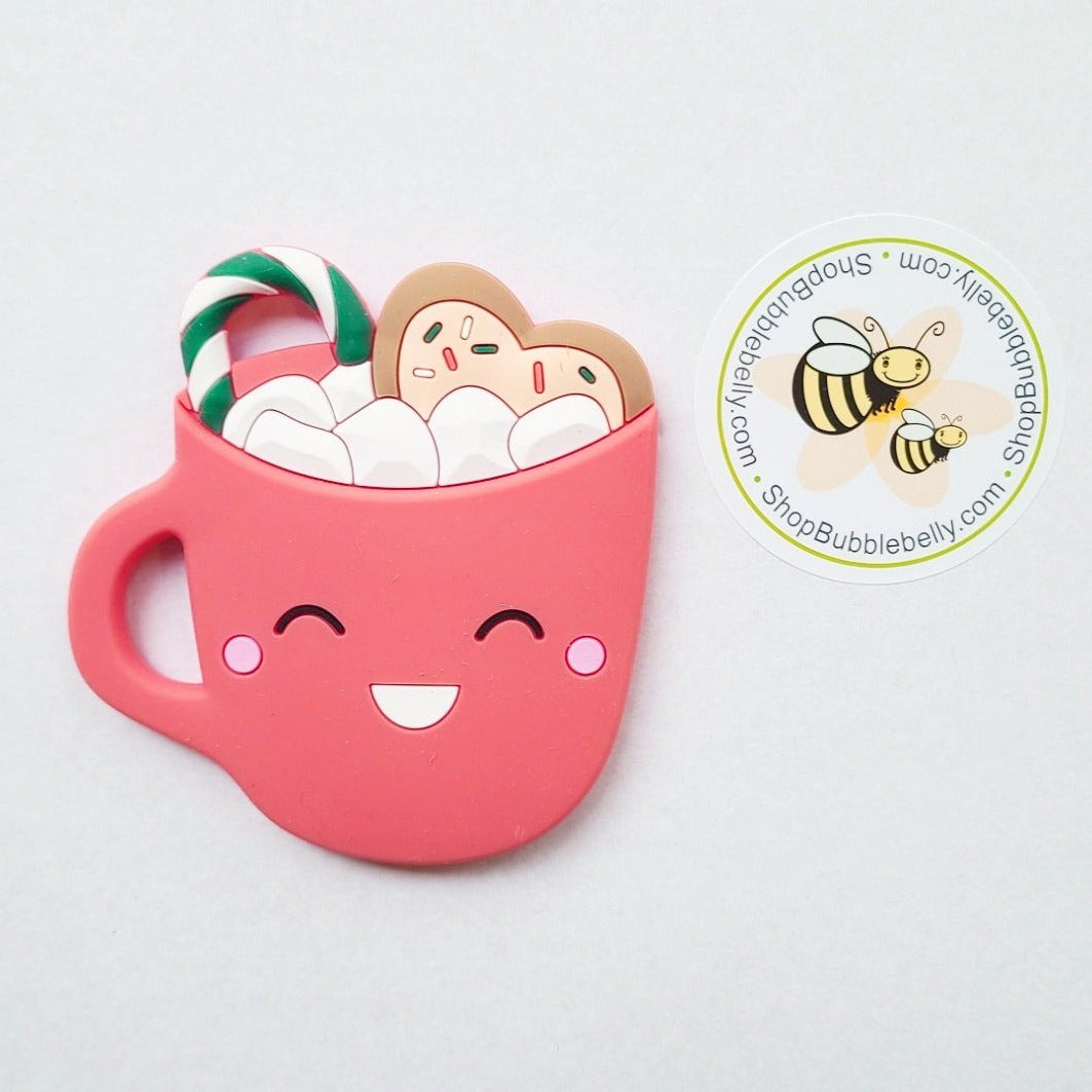 Hot chocolate mug silicone teether, red, front view