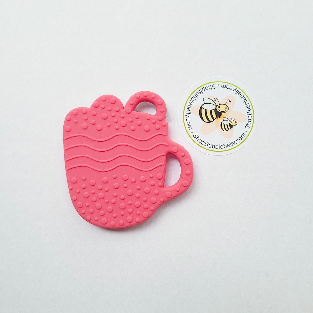 Hot chocolate mug silicone teether, red, back view