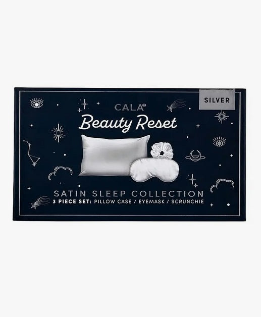 Satin sleep mask, pillowcase and scrunchie set, silver, gift box