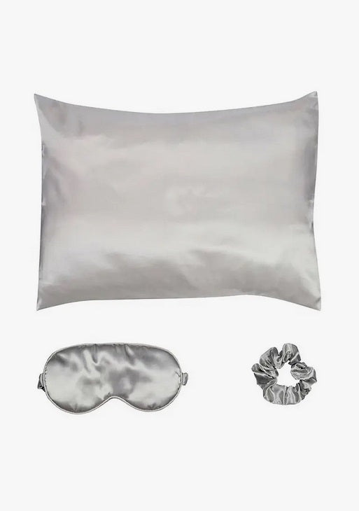Satin sleep mask, pillowcase and scrunchie set, silver, set contents