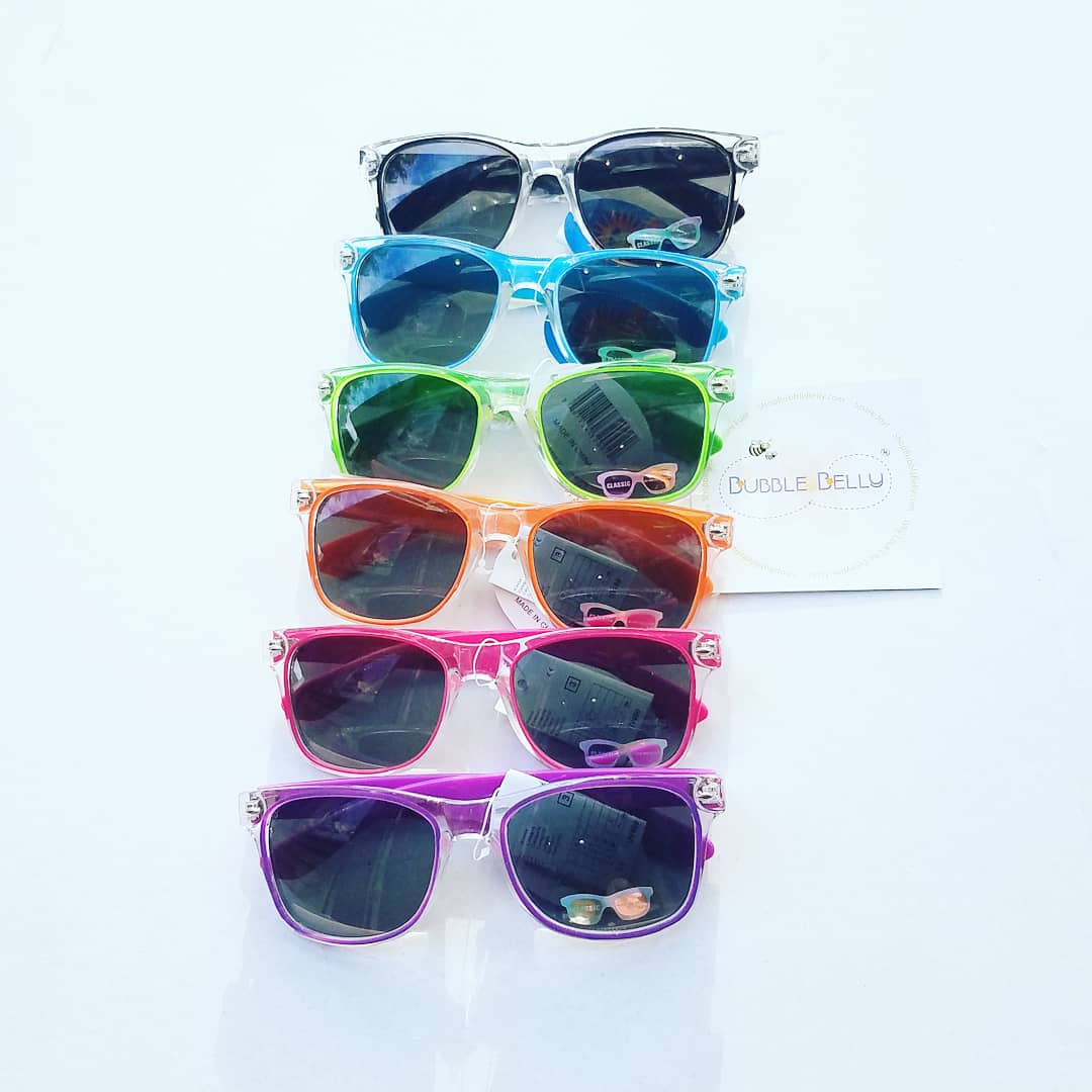 kids wayfarer sunglasses, plastic frames, lucite, clear and bright colors