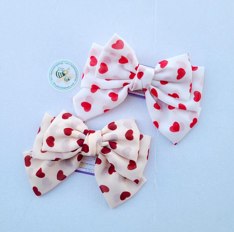 XL 7 inch red heart chiffon cheer bow hair clip, two bows